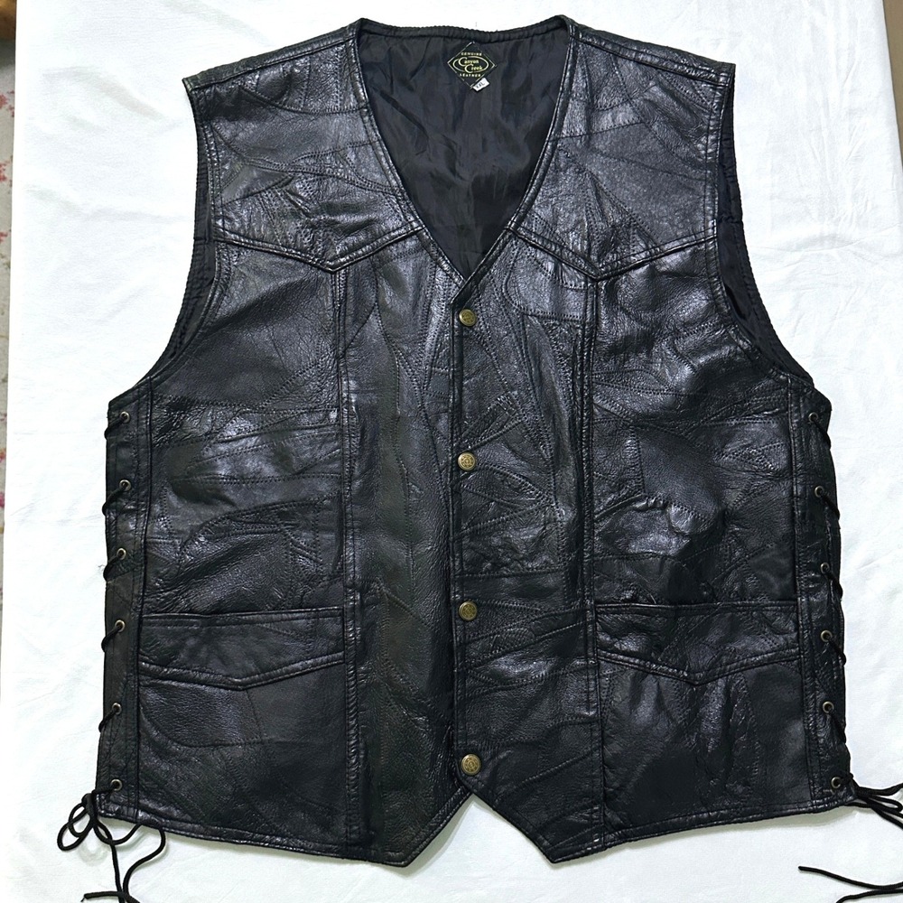 Vintage Patchwork Leather Vest XXL Lace‎ Up Sides Biker Moto Western Grunge Punk